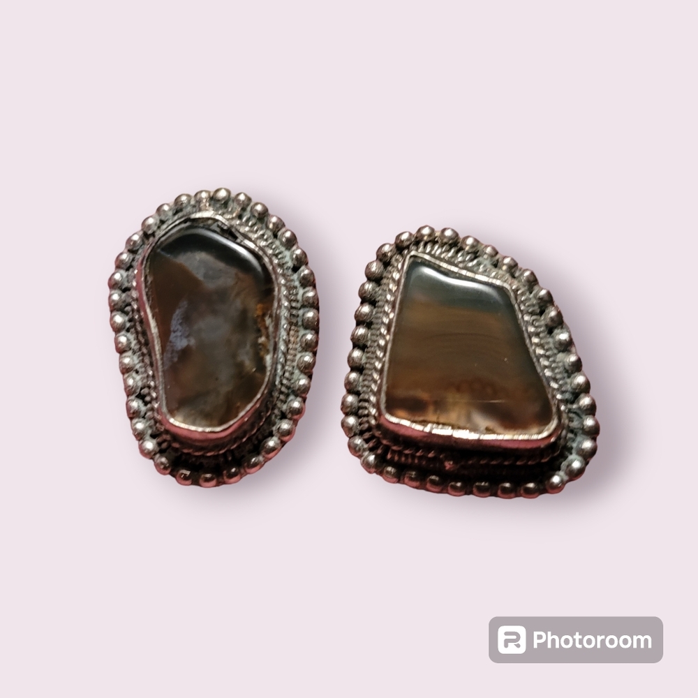 Large Brown Agate and Silver Earrings
